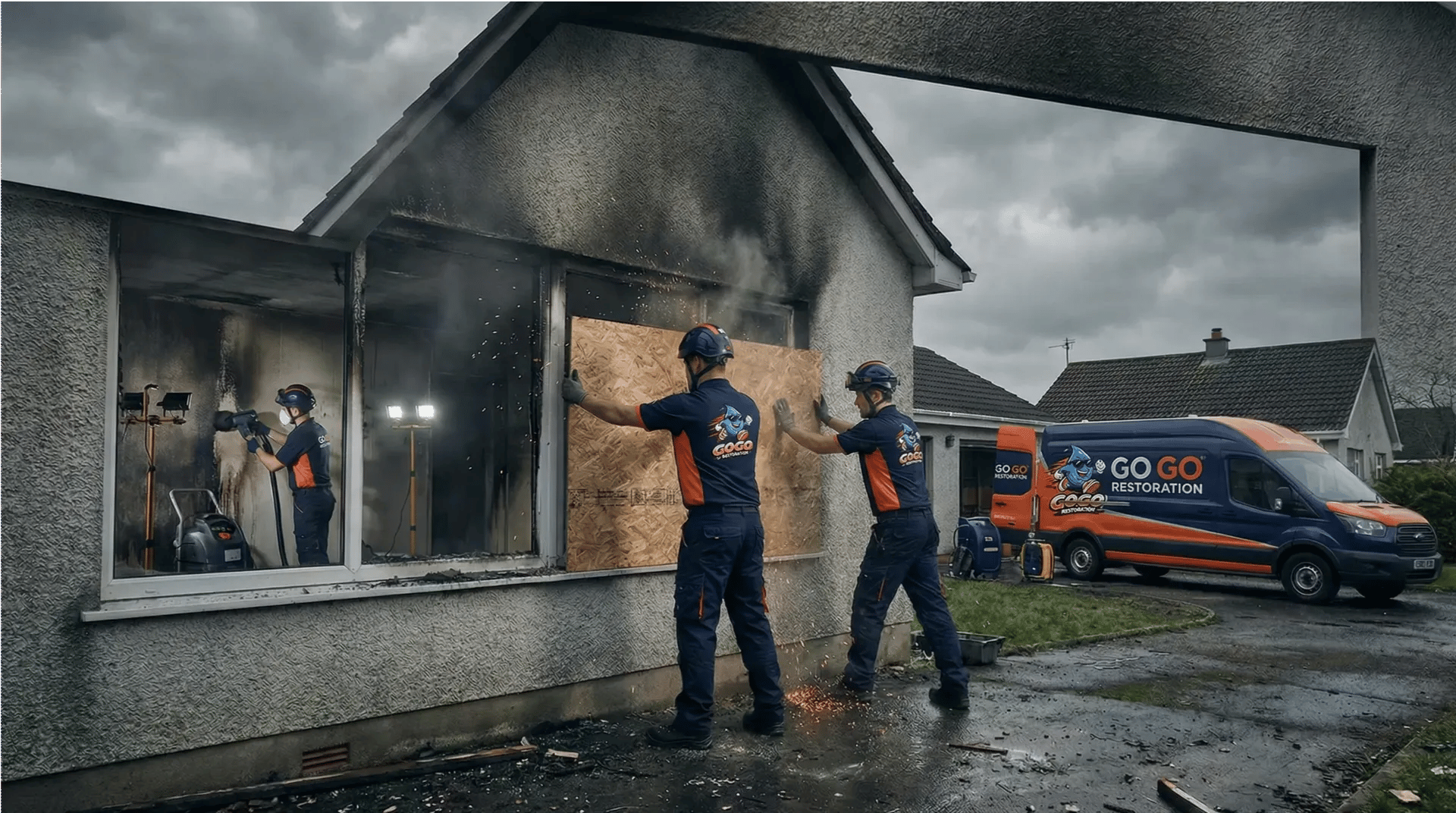 Two workers board up a fire-damaged house, while another cleans inside. A van labeled "Go Go Restoration" is parked outside under cloudy skies.